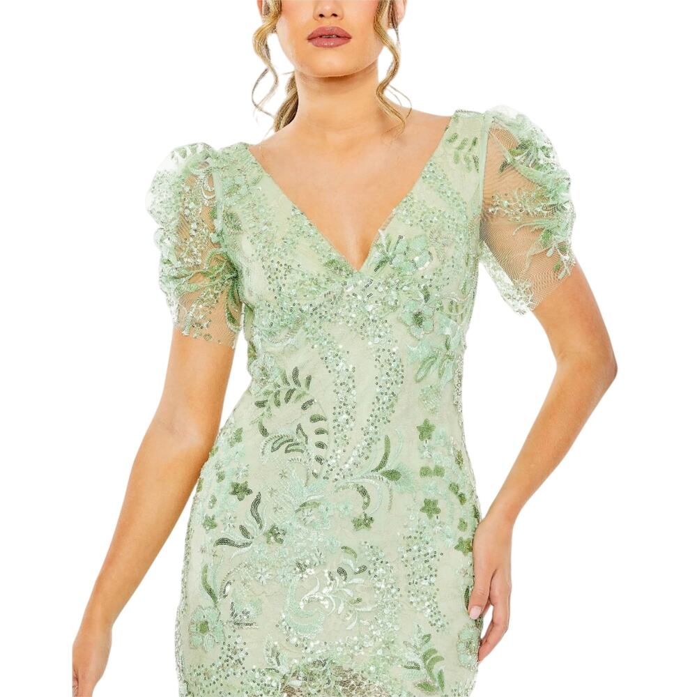 Mac Duggal NWT Green Puff Sleeve V Neck Floral Embellished Midi Dress Size 2 - Picture 2 of 9